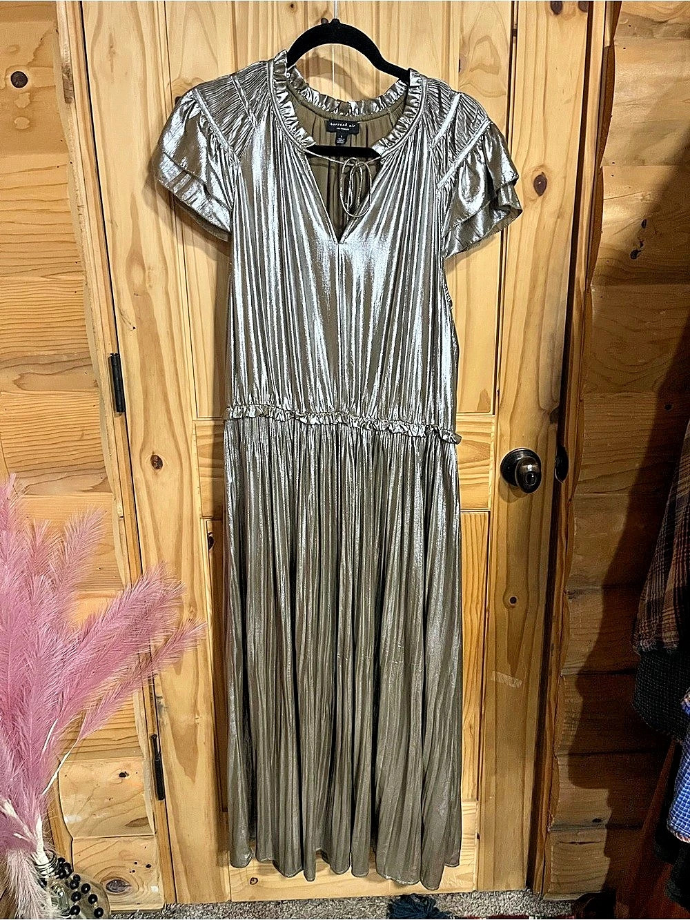 Current Air Olive and Gold Metallic Pleated Maxi Dress Size Large